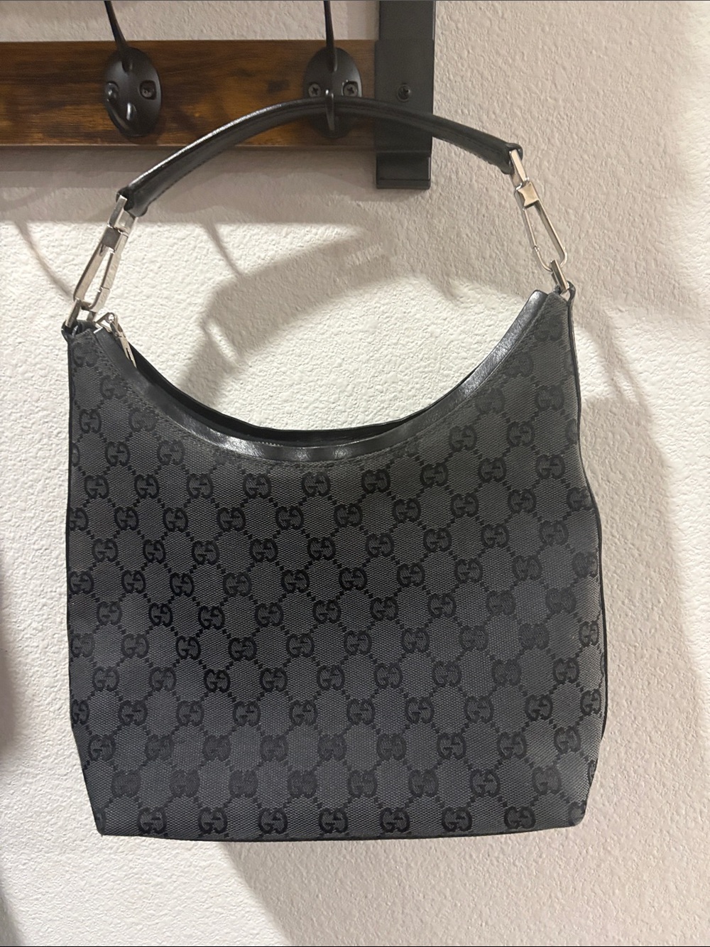 Gucci Black GG Canvas Shoulder Bag with Leather Handle